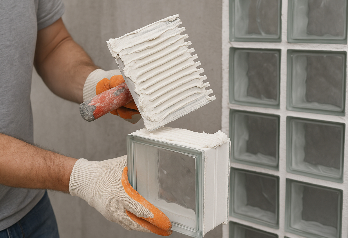 Απεικονίζεται τοποθέτηση της κόλλας σε υαλότουβλο.